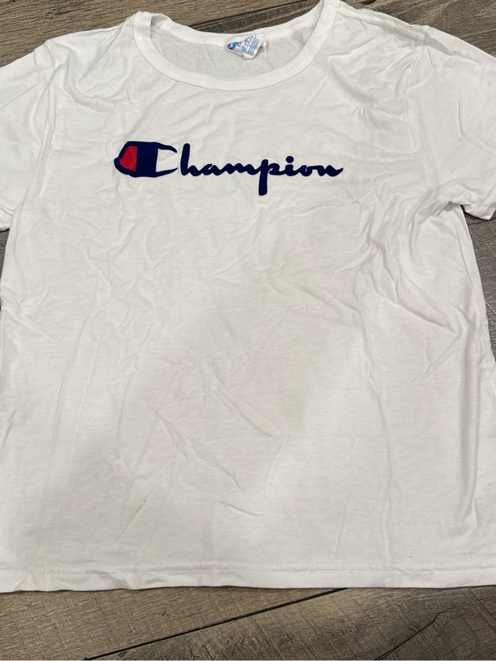 Champion White Tee with Blue Script and Red Accent